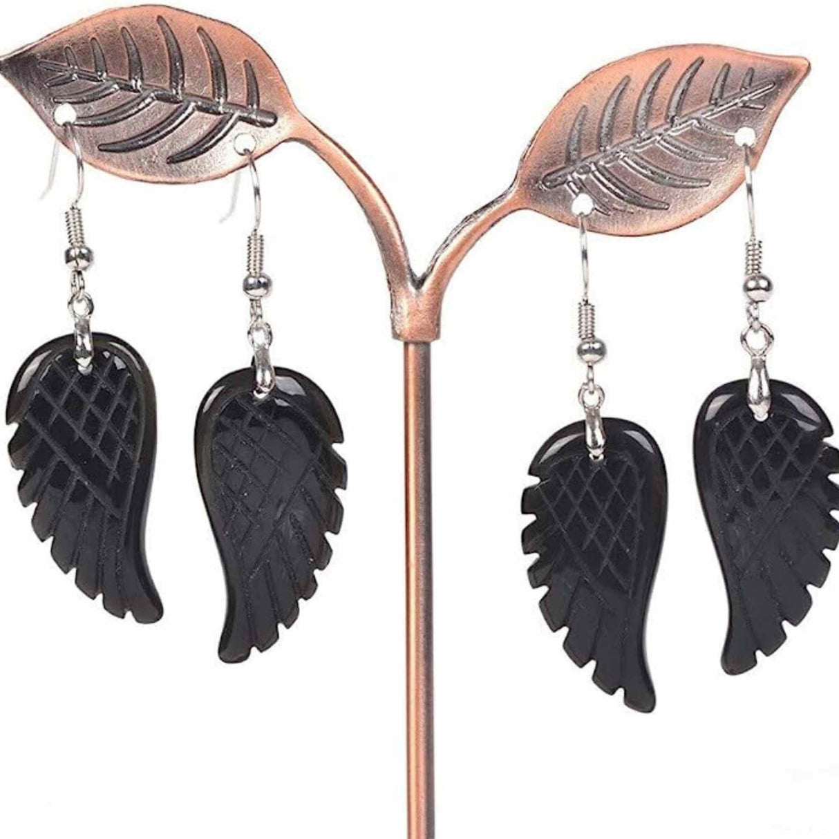 Cercei aripi de inger din piatra semipretioasa Obsidian 3 cm