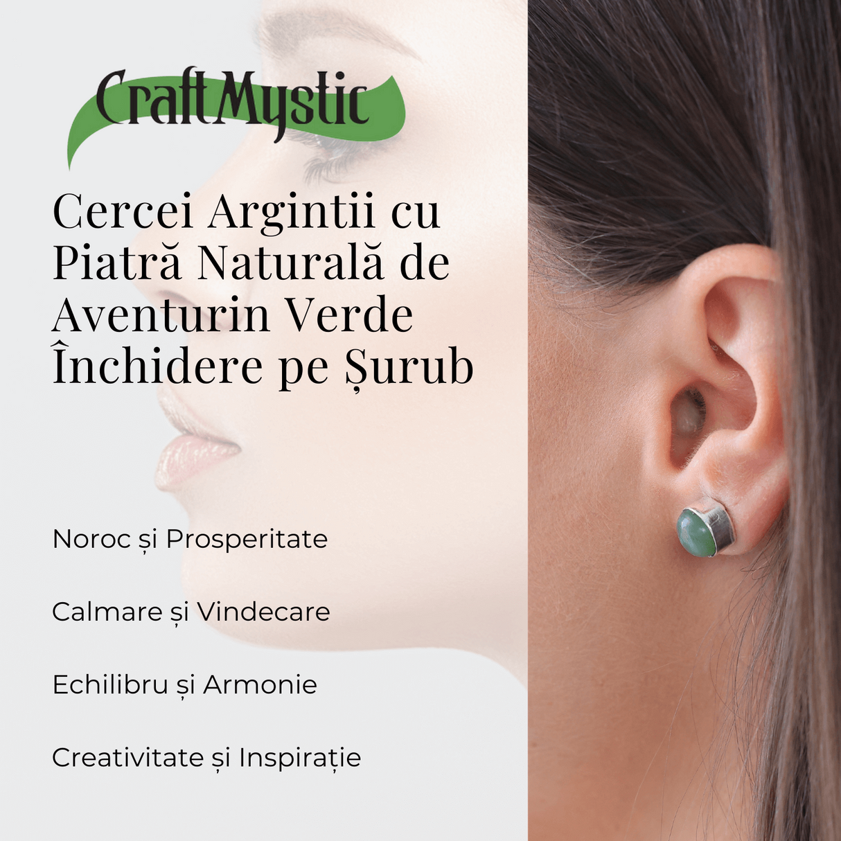 Cercei Eleganti cu Aventurin verde Natural, inchidere pe surub, pentru echilibru si noroc