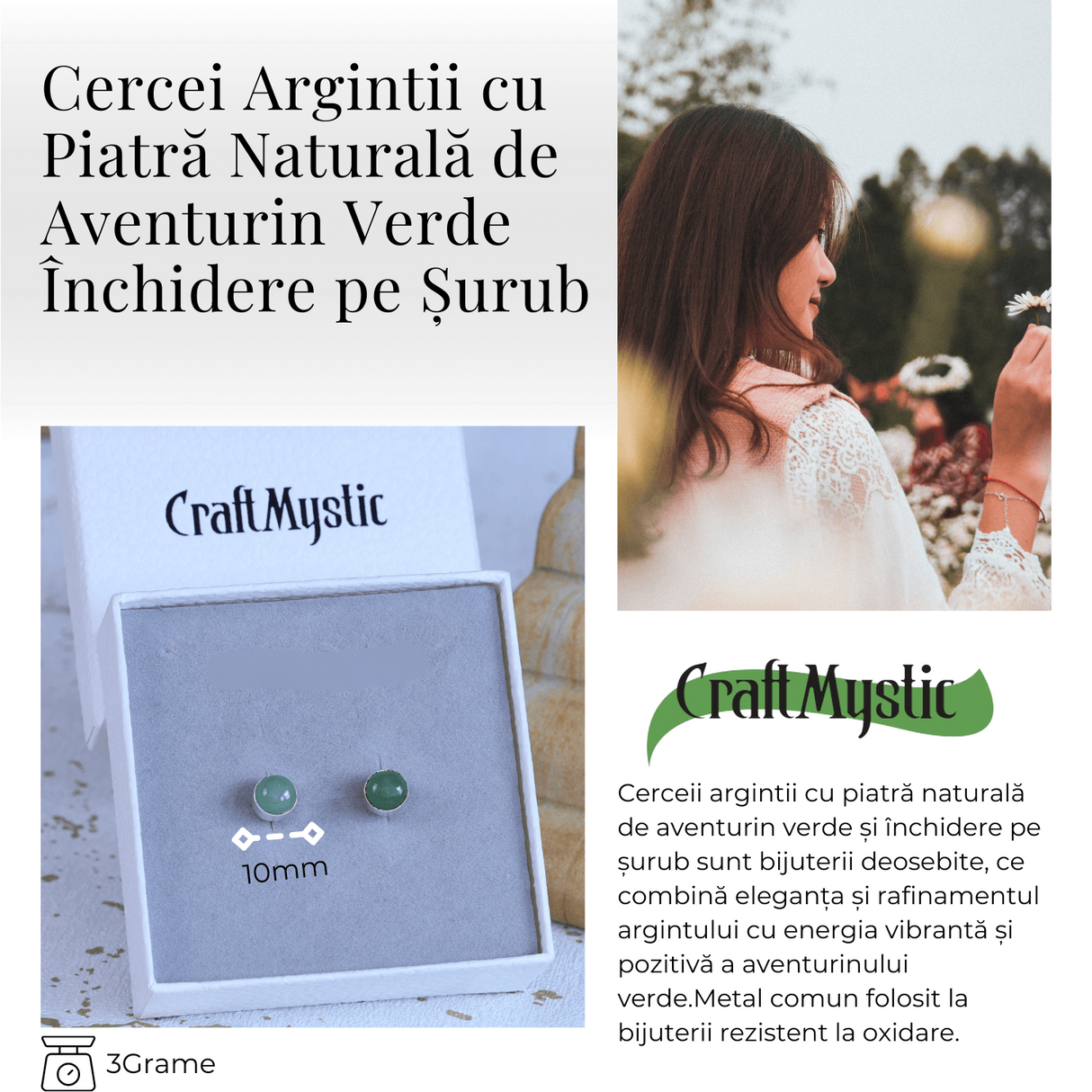 Cercei Eleganti cu Aventurin verde Natural, inchidere pe surub, pentru echilibru si noroc
