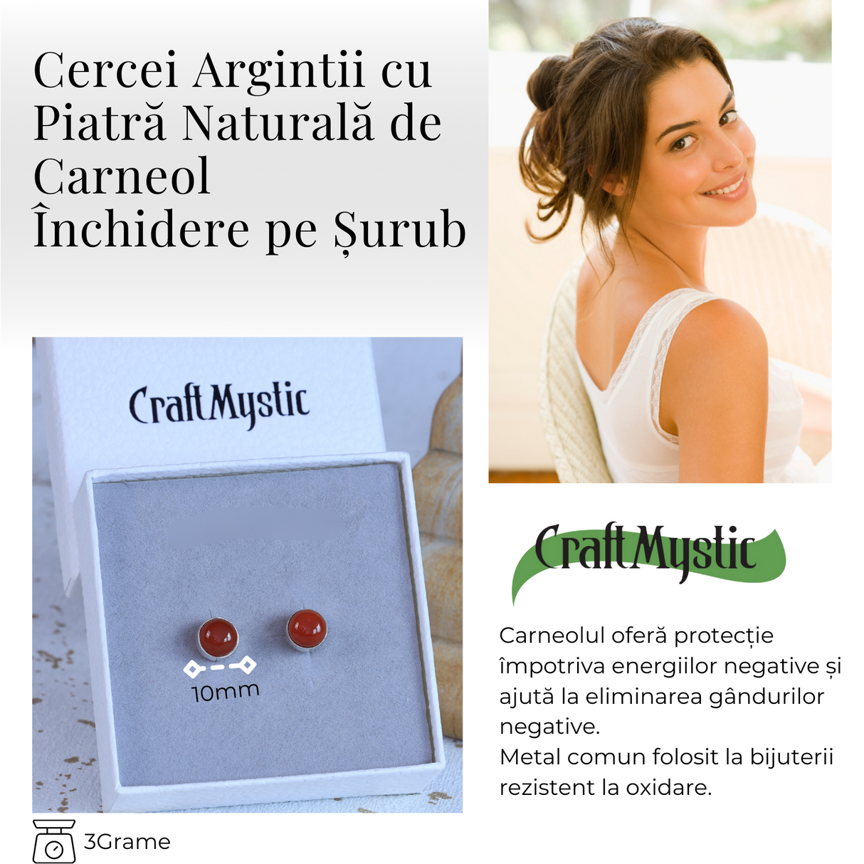 Cercei Eleganti cu Carneol Natural, inchidere pe surub, pentru energie si curaj