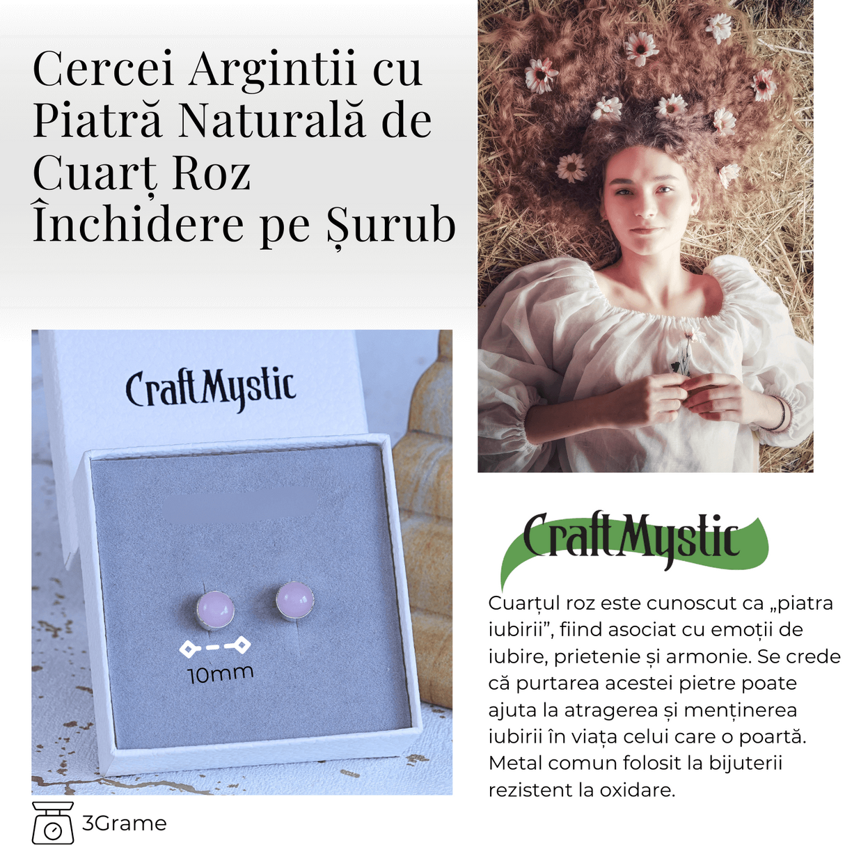 Cercei Eleganti cu Cuart roz Natural, inchidere pe surub, pentru iubire si armonie