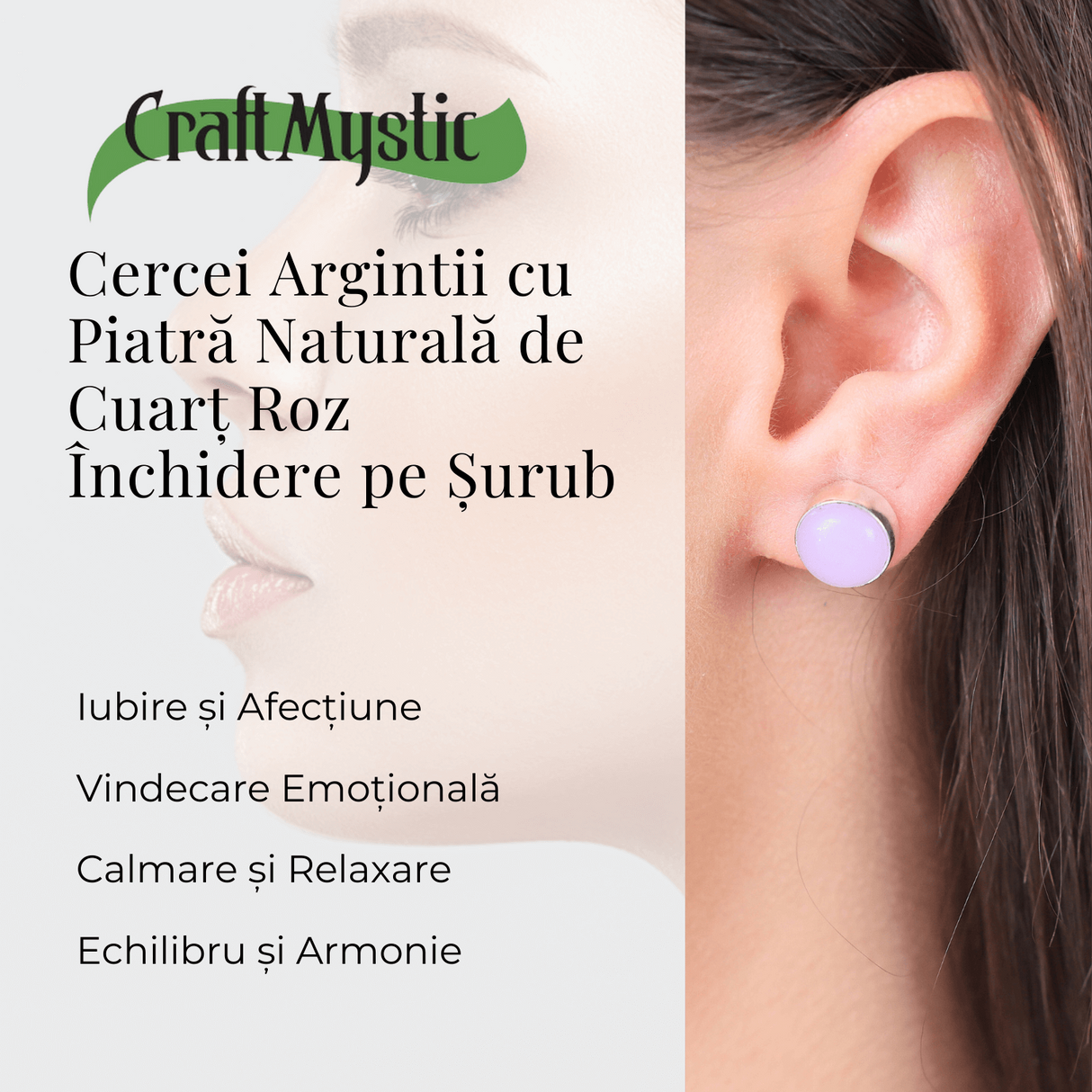 Cercei Eleganti cu Cuart roz Natural, inchidere pe surub, pentru iubire si armonie