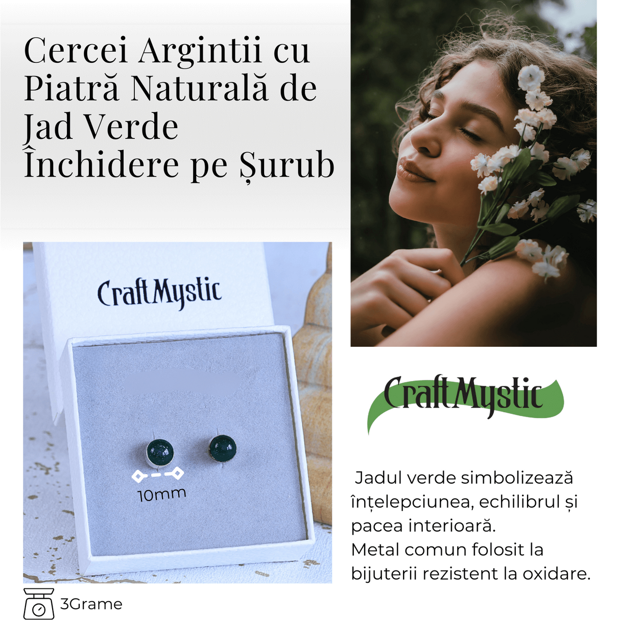Cercei Eleganti cu Jad Verde, inchidere pe surub, pentru echilibru si protectie