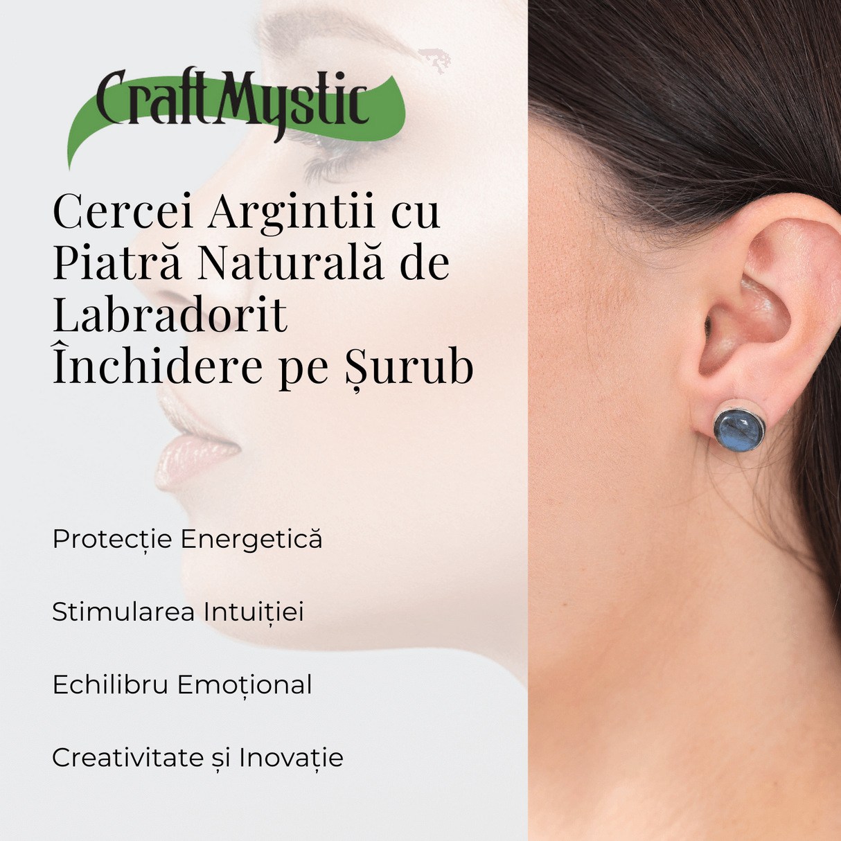 Cercei Eleganti cu piatra Labradorit Natural, inchidere pe surub, pentru echilibru si protectie