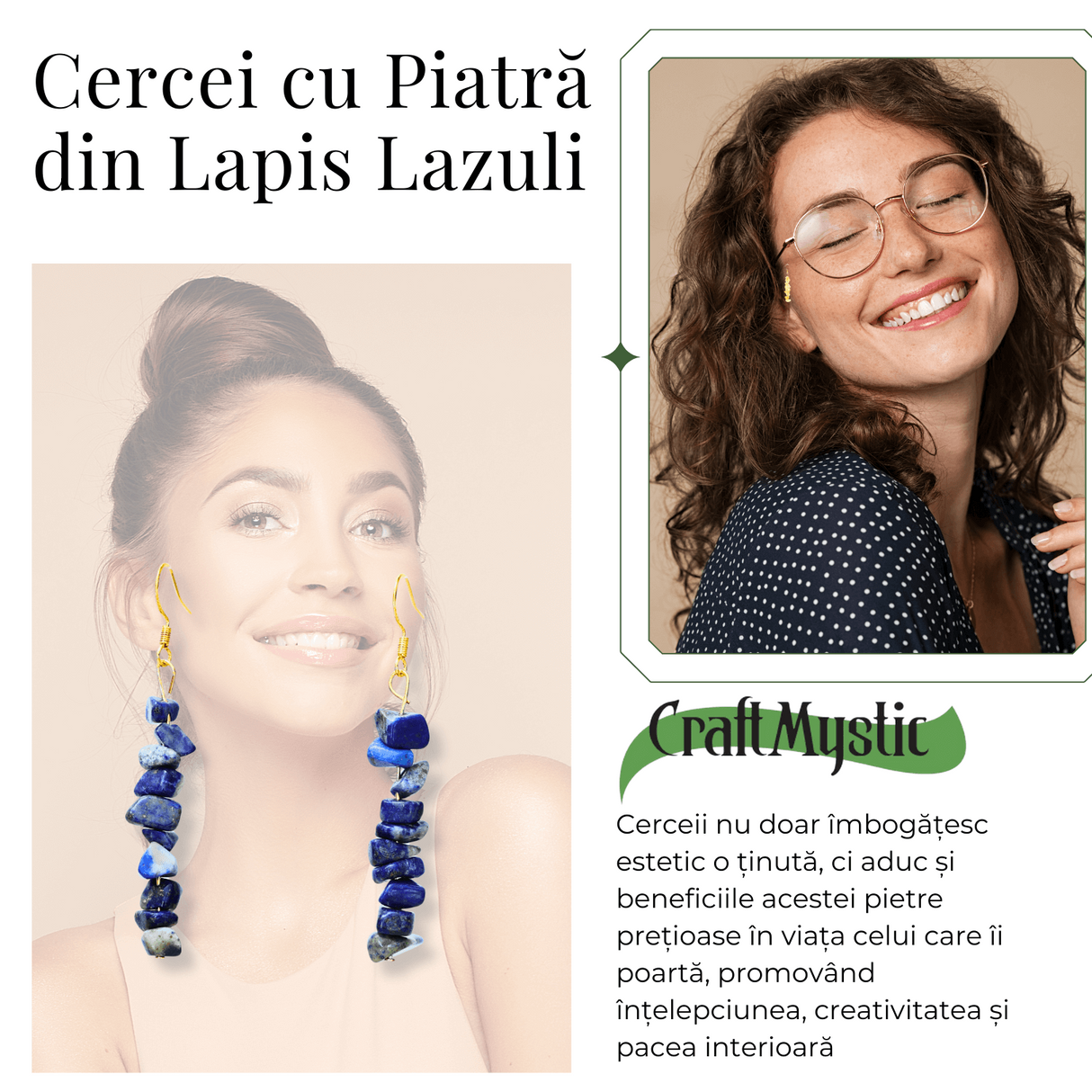 Cercei Lungi cu Pietre Semipretioase de Lapis Lazuli si Elemente din Alama, Bijuterii Aurii pentru Femei