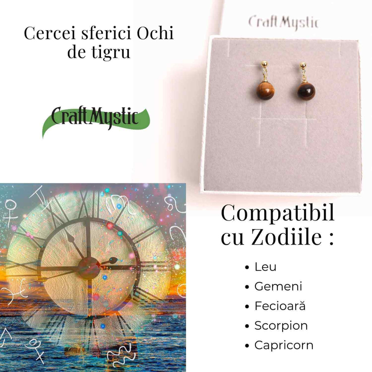 Cercei Ochi de Tigru Biluta 10 mm - Protectie si Eleganta Aurie