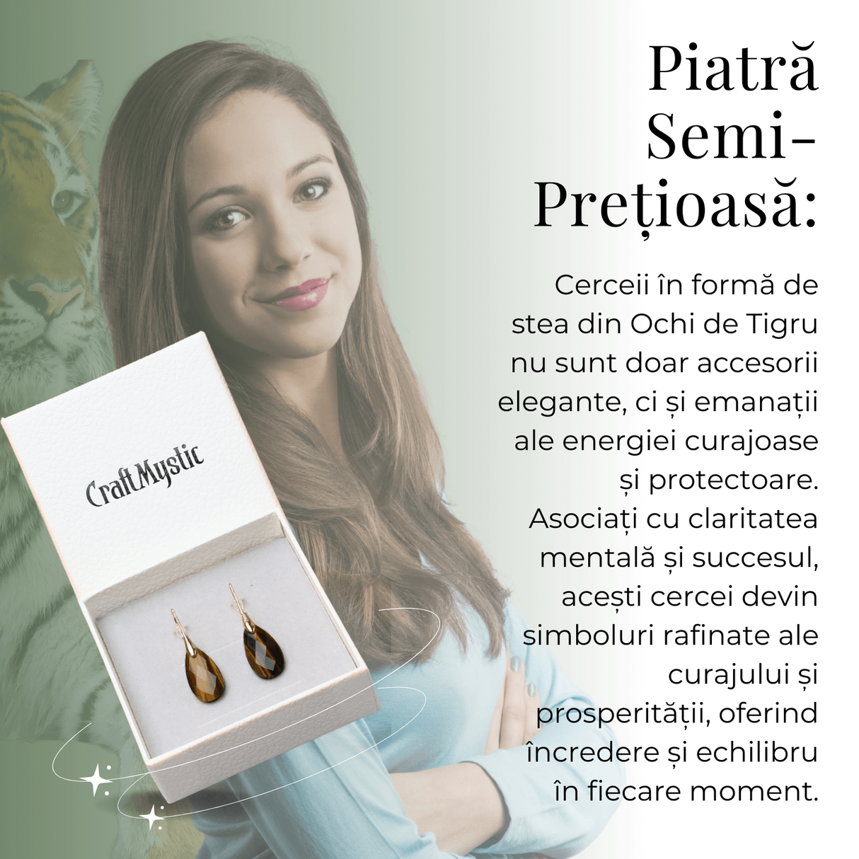 Cercei Eleganti cu Metal Auriu si Piatra Naturala din Ochi de Tigru Fatetat