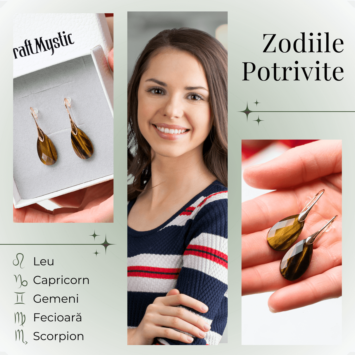 Cercei Eleganti cu Metal Auriu si Piatra Naturala din Ochi de Tigru Fatetat