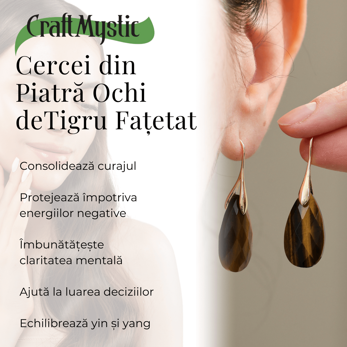 Cercei Eleganti cu Metal Auriu si Piatra Naturala din Ochi de Tigru Fatetat