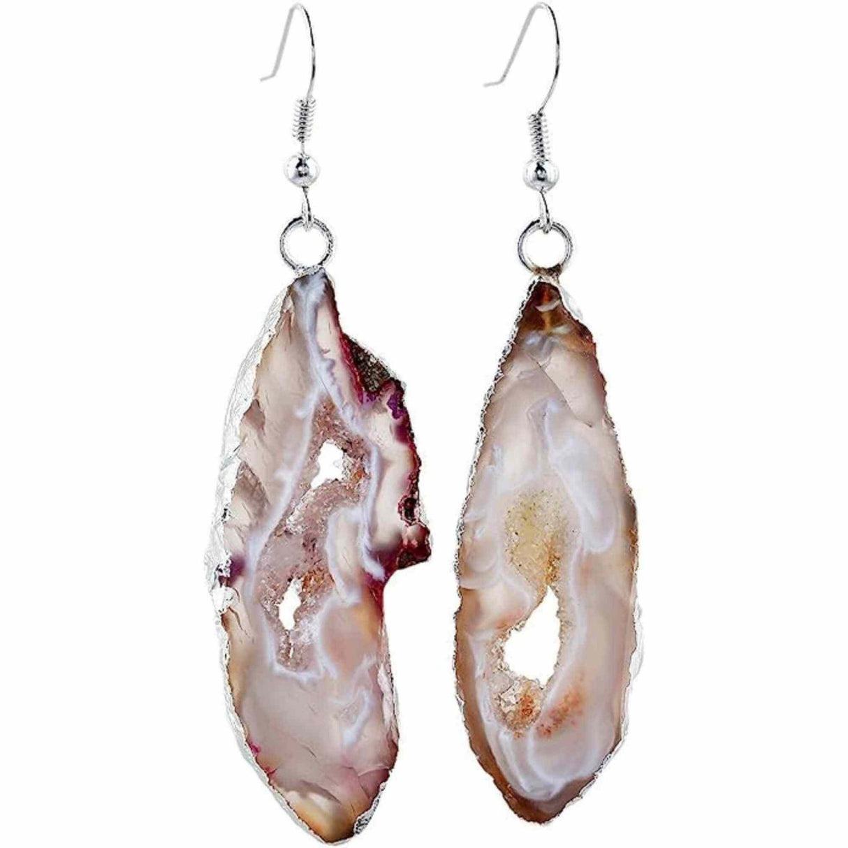 Cercei cu piatra semipretioasa naturala onyx deschis forma geoda cu metal placat argintiu