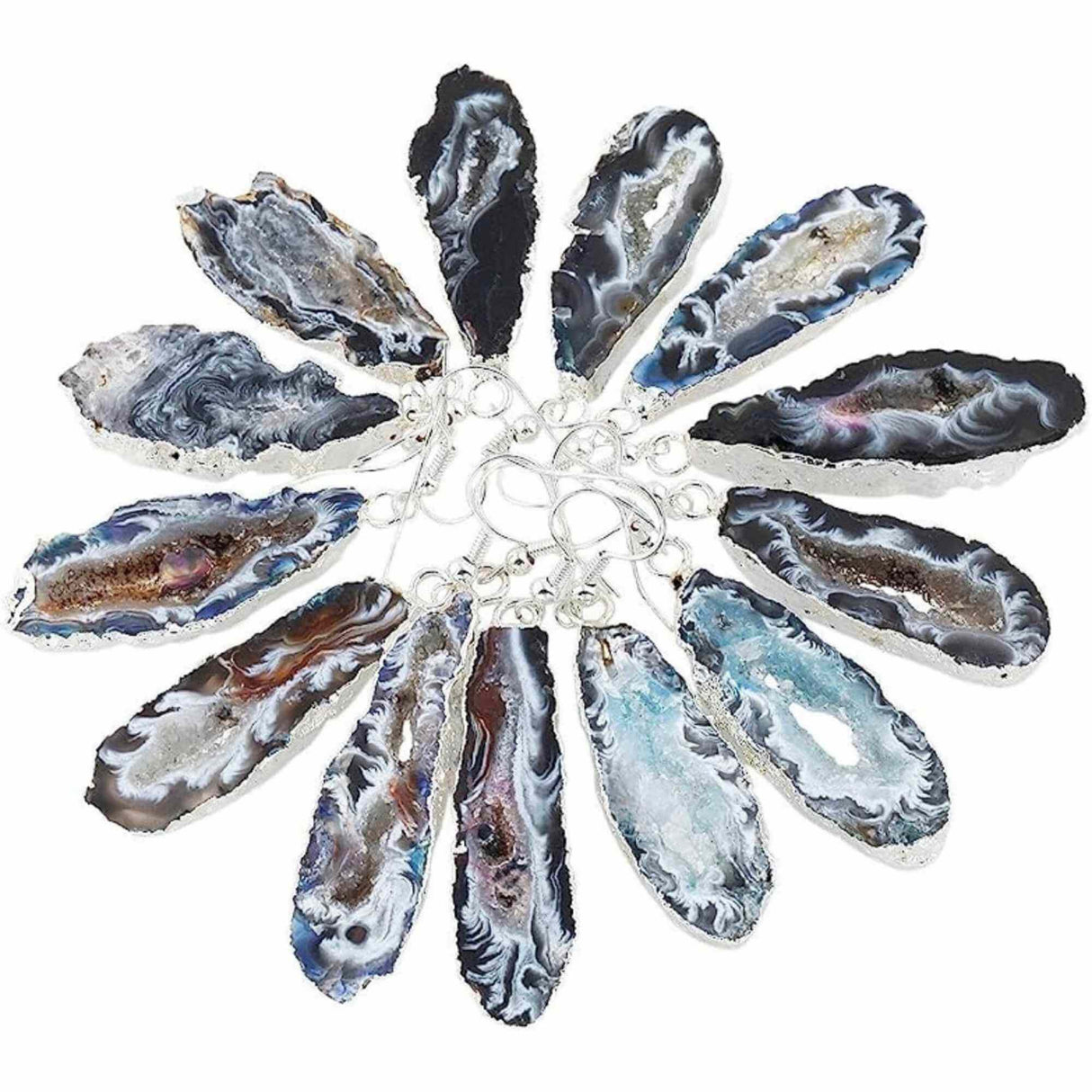 Cercei cu piatra semipretioasa naturala onyx negru forma geoda cu metal placat argintiu