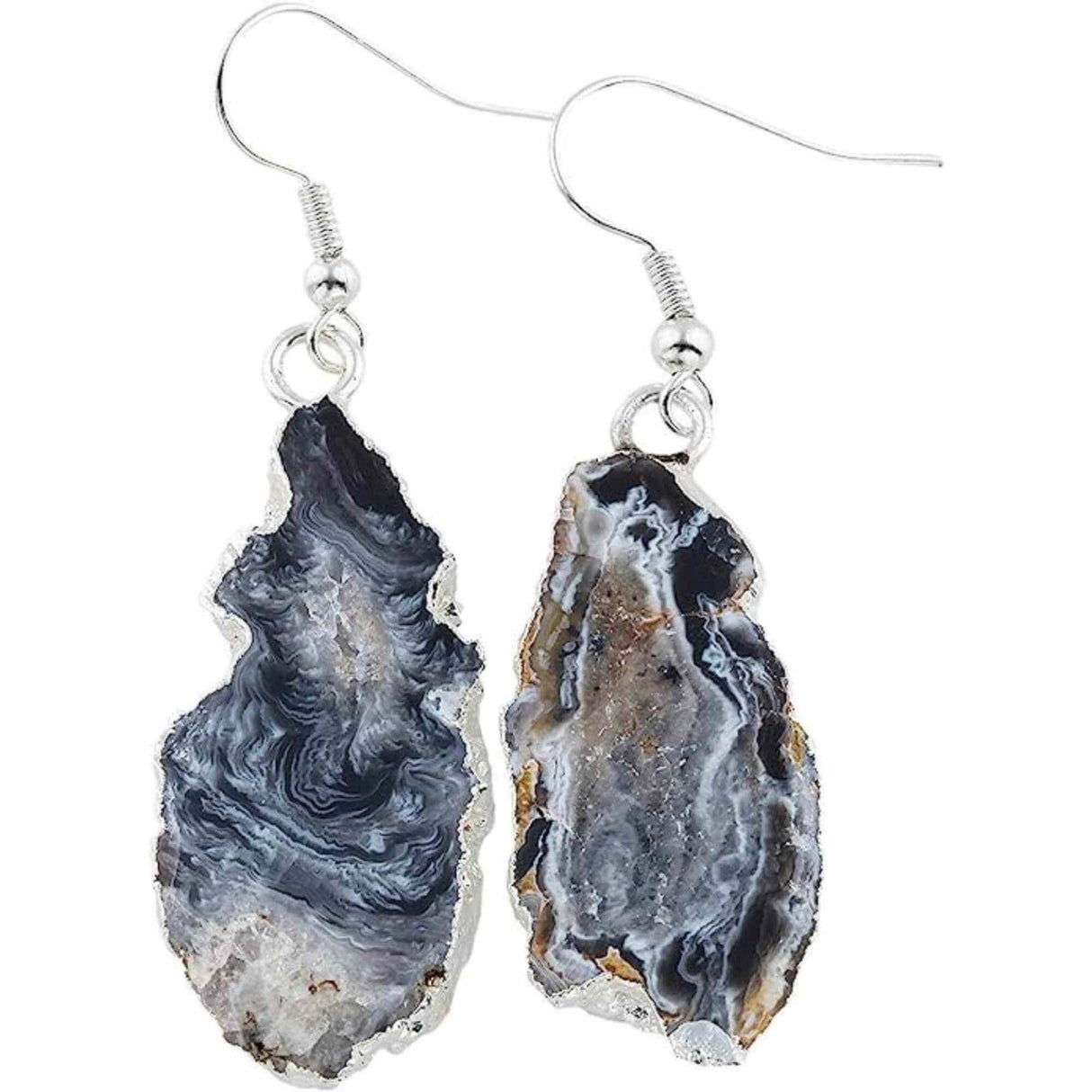 Cercei cu piatra semipretioasa naturala onyx negru forma geoda cu metal placat argintiu