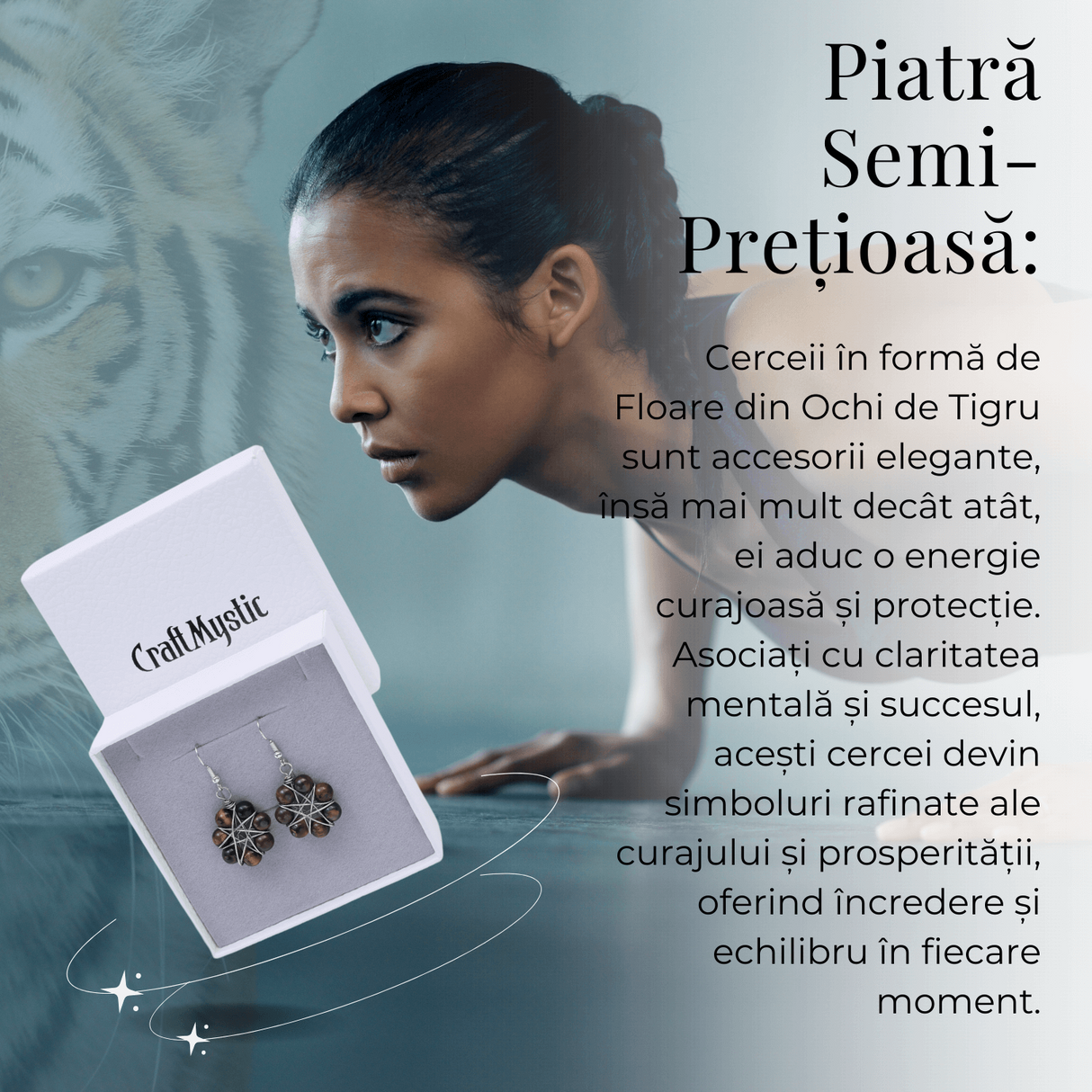 Cercei Argintii in Forma de Floare cu Ochi de Tigru