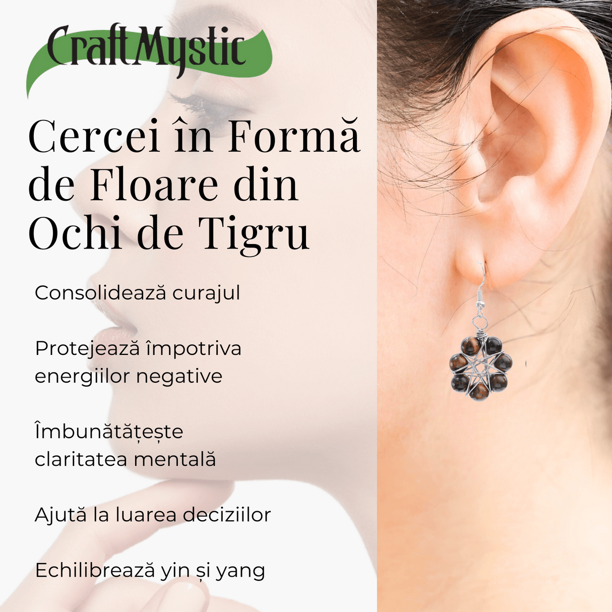 Cercei Argintii in Forma de Floare cu Ochi de Tigru