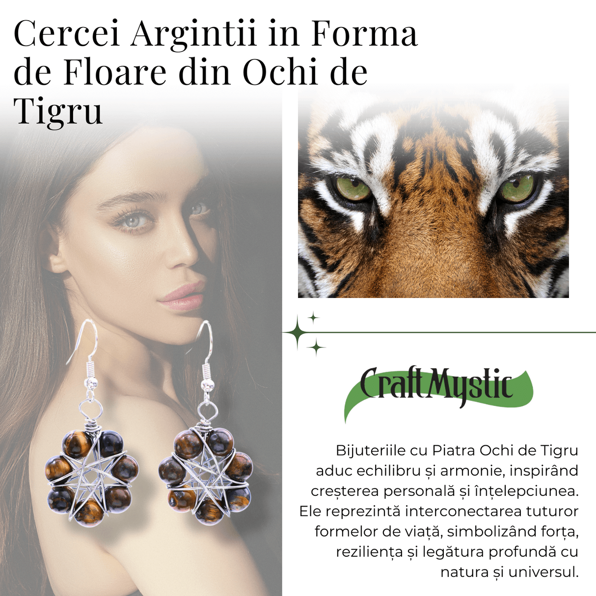 Cercei Argintii in Forma de Floare cu Ochi de Tigru