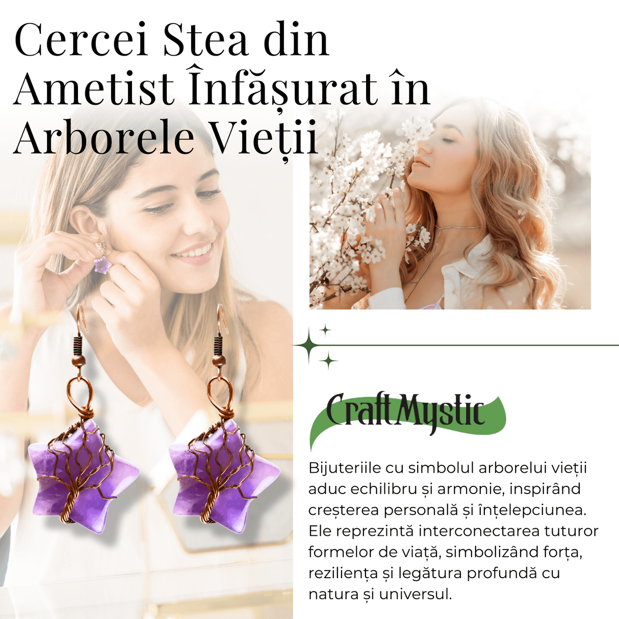 Cercei Eleganti in Forma de Stea cu Ametist Natural Semipretios