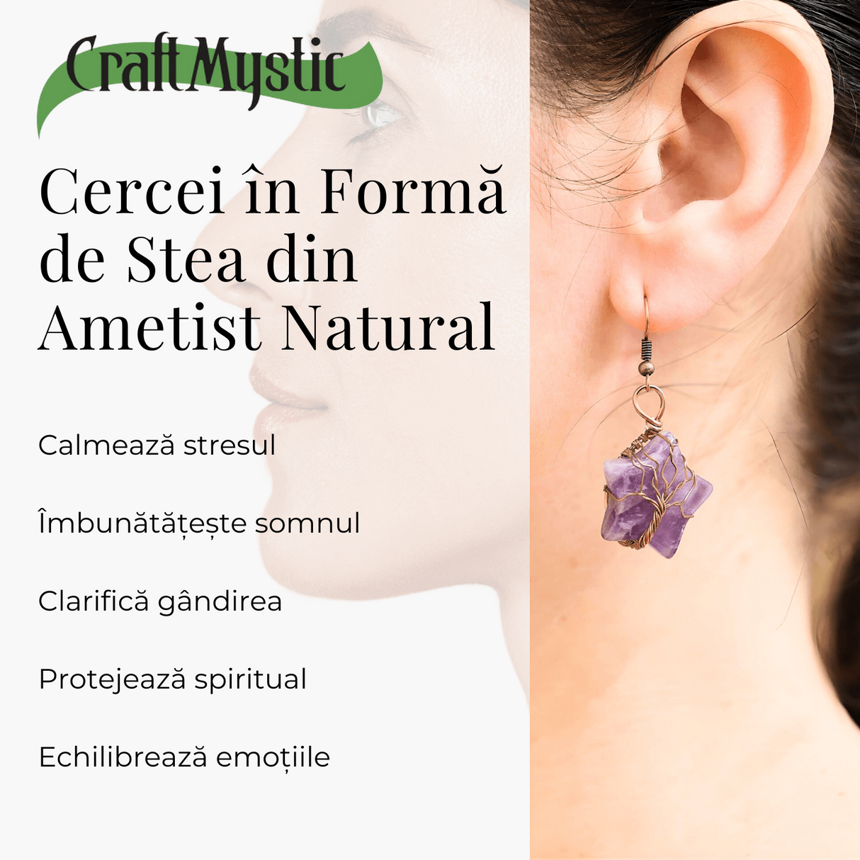 Cercei Eleganti in Forma de Stea cu Ametist Natural Semipretios