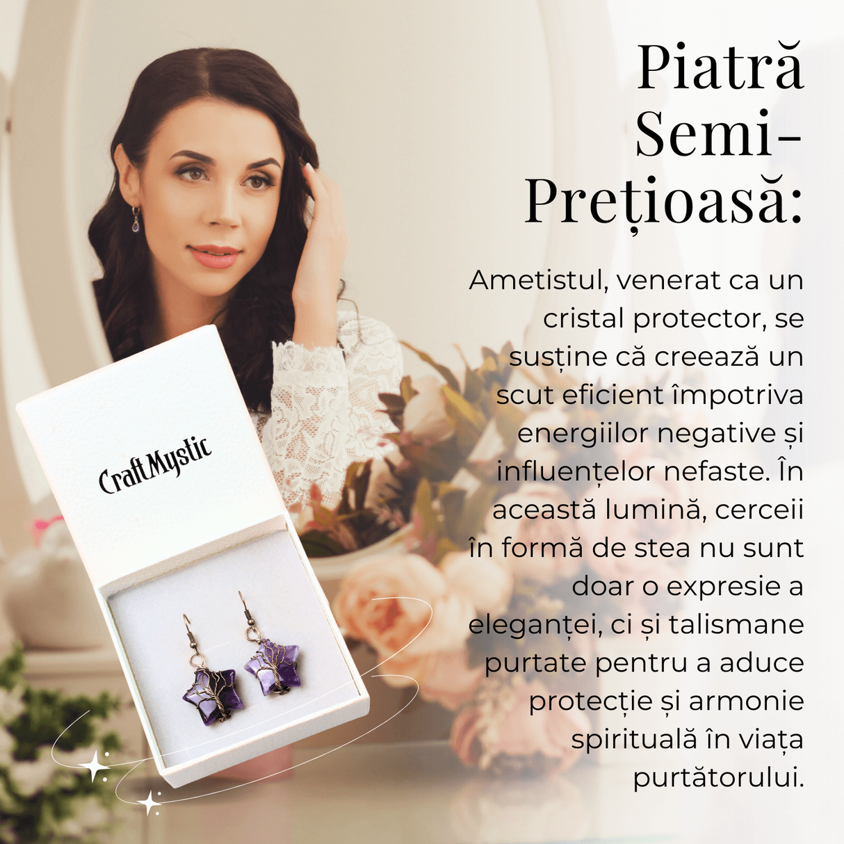 Cercei Eleganti in Forma de Stea cu Ametist Natural Semipretios