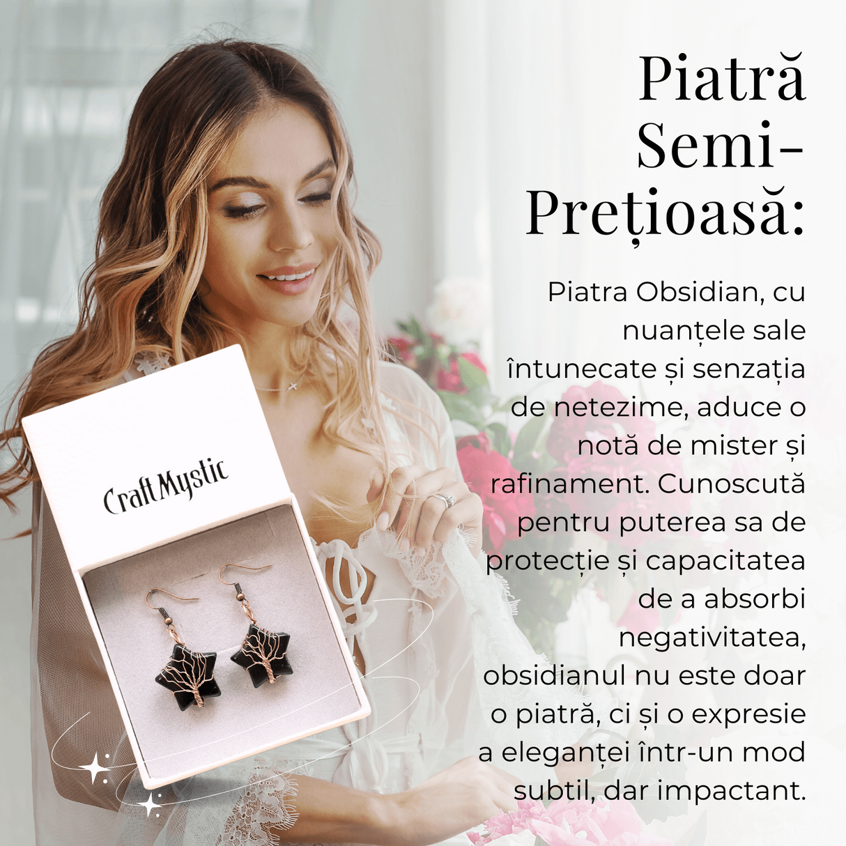 Cercei Aurii cu Piatra de Obsidian in Forma de Stea