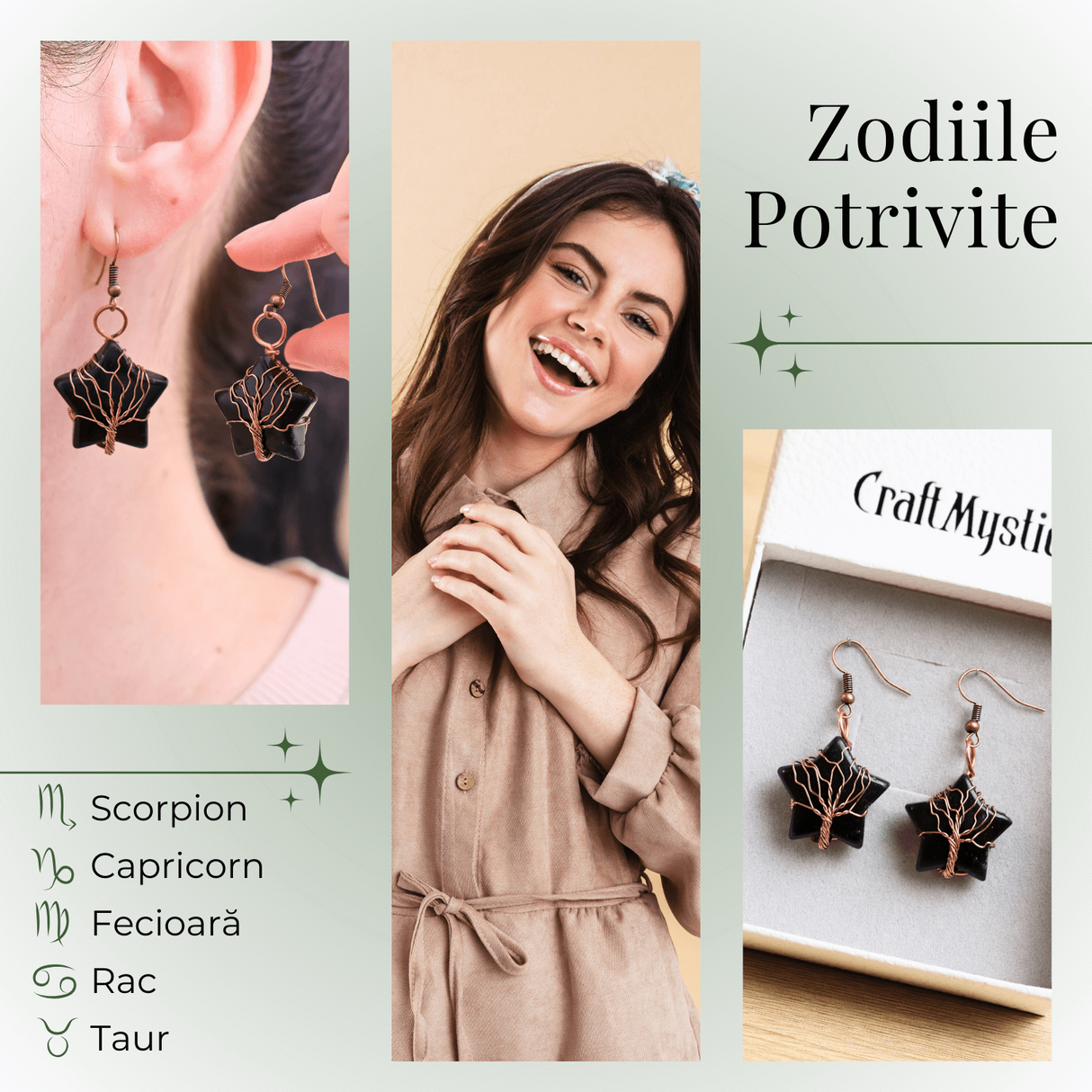 Cercei Aurii cu Piatra de Obsidian in Forma de Stea