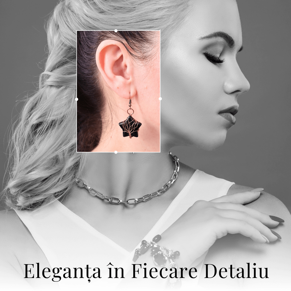 Cercei Aurii cu Piatra de Obsidian in Forma de Stea