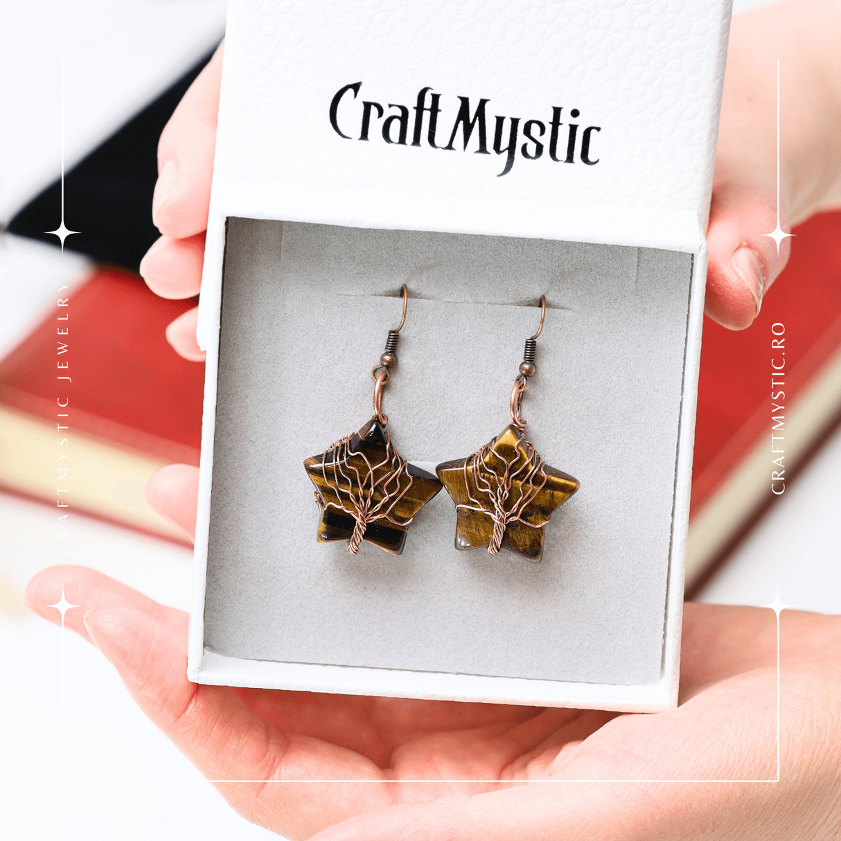 Cercei Eleganti in Forma de Stea cu Piatra Semipretioasa Ochi de Tigru Natural