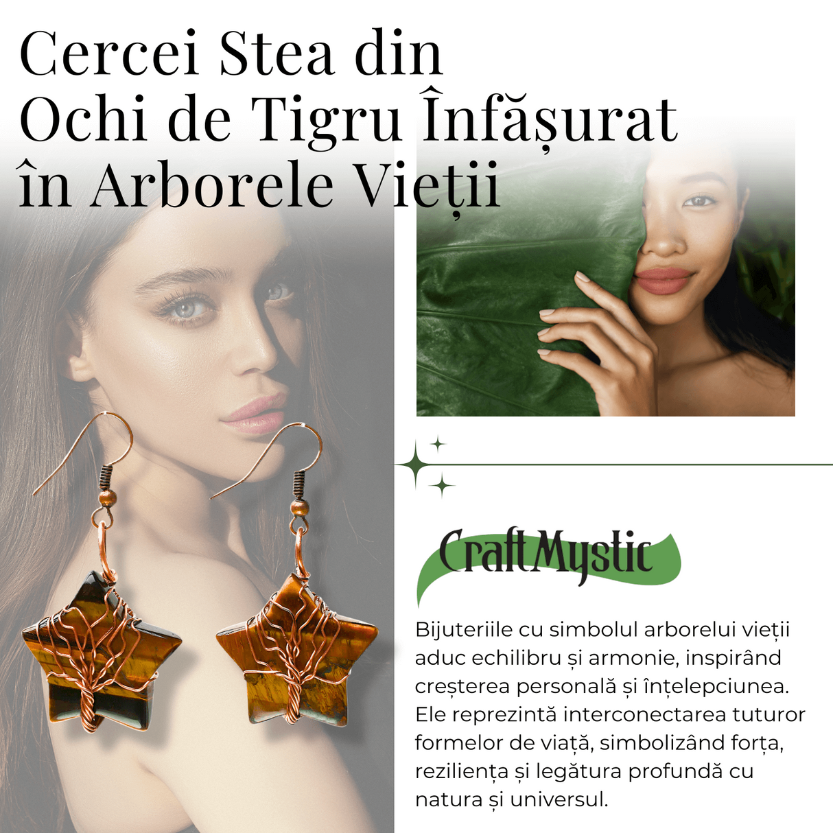 Cercei Eleganti in Forma de Stea cu Piatra Semipretioasa Ochi de Tigru Natural