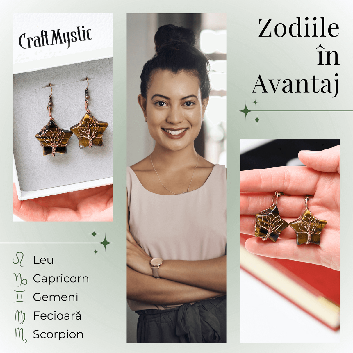 Cercei Eleganti in Forma de Stea cu Piatra Semipretioasa Ochi de Tigru Natural