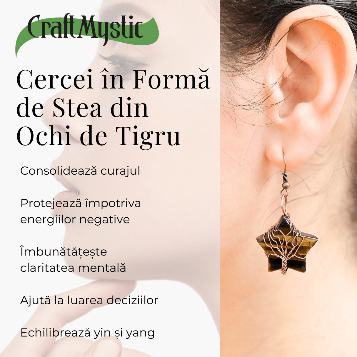 Cercei Eleganti in Forma de Stea cu Piatra Semipretioasa Ochi de Tigru Natural