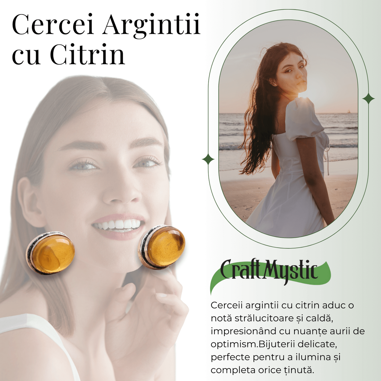 Cercei Argintii cu Citrin si Inchidere Clasica cu Surub