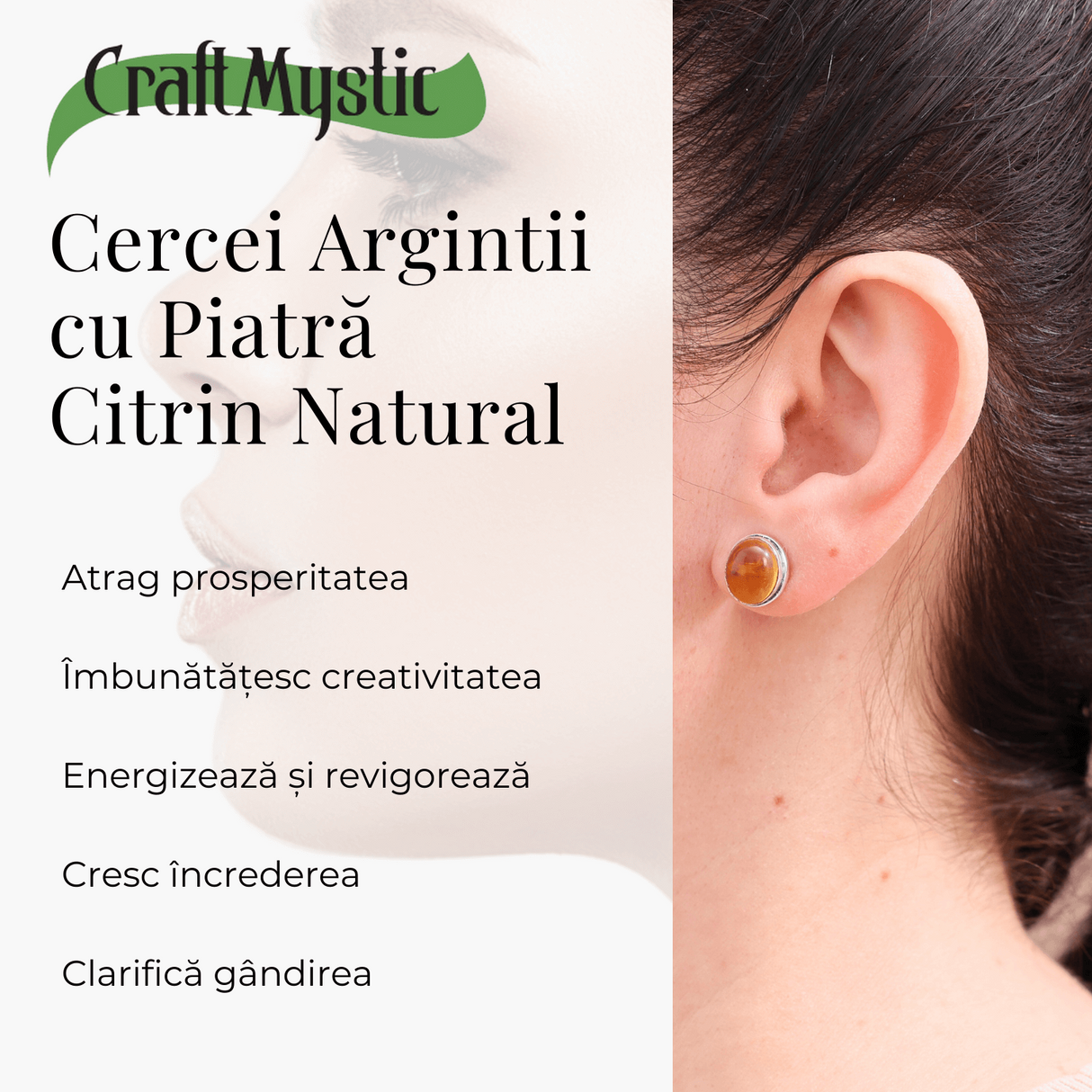 Cercei Argintii cu Citrin si Inchidere Clasica cu Surub