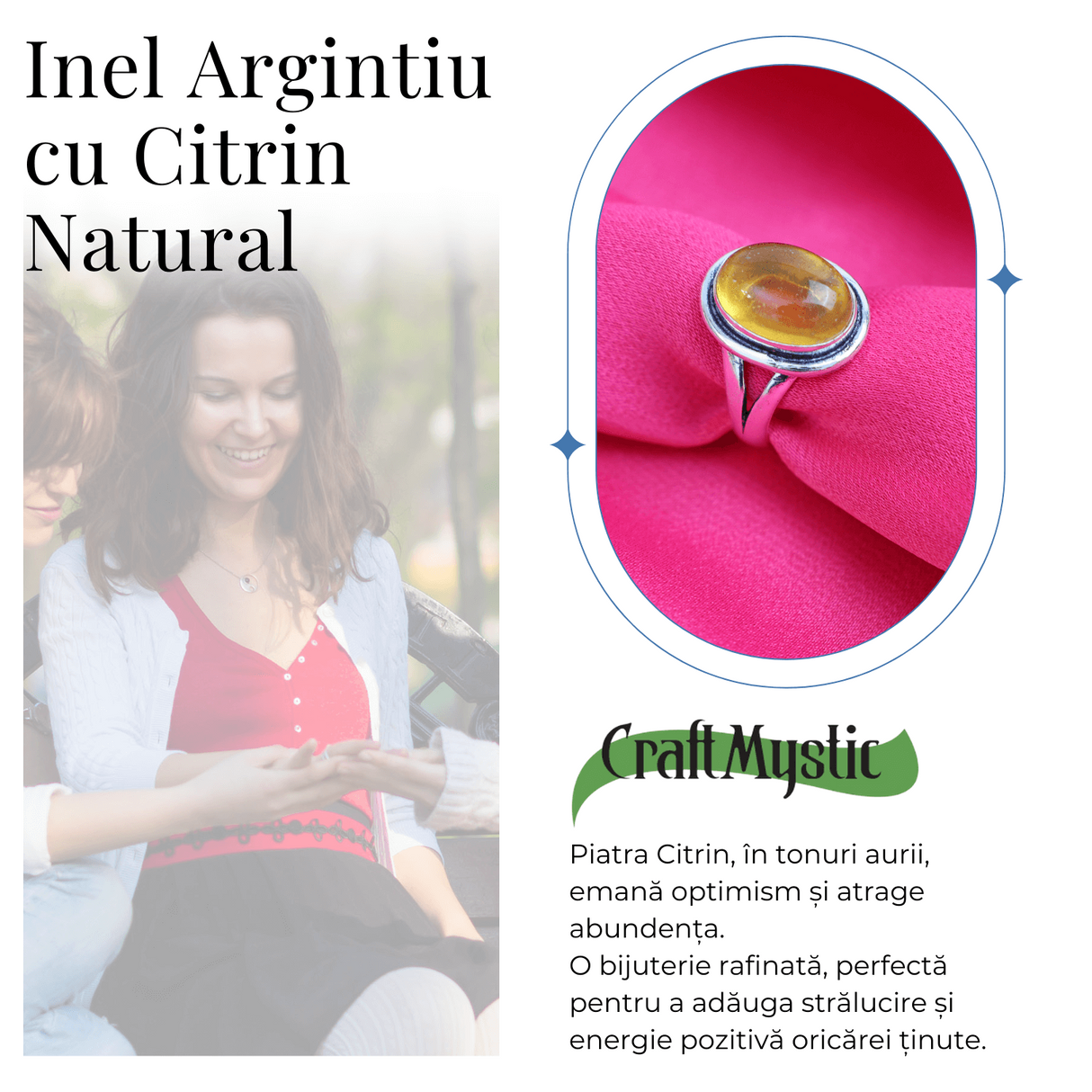 Inel Ajustabil Argintiu cu Citrin Natural