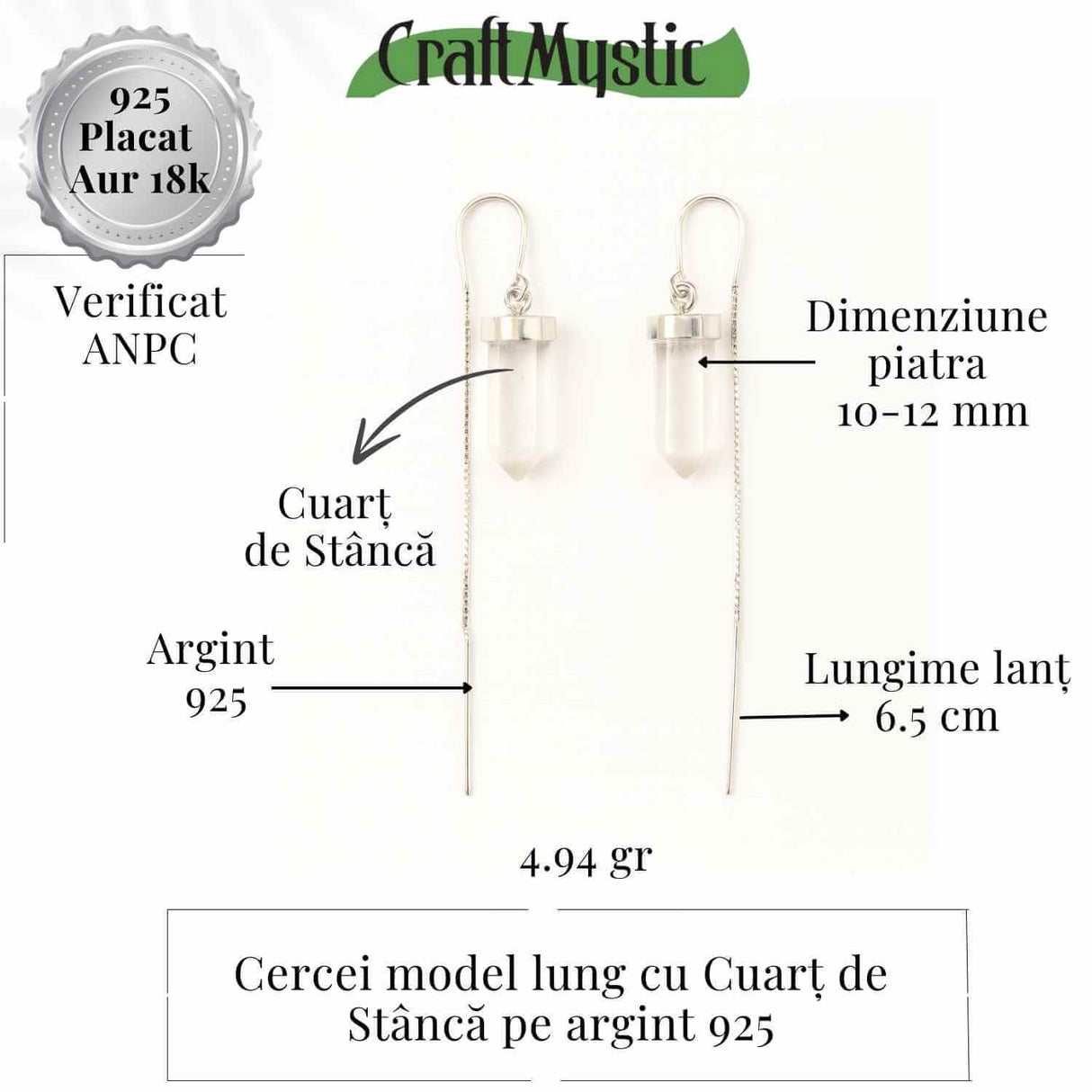 Claritate mentala si purificare – Cercei lungi din argint 925 cu Cuart de Stanca natural