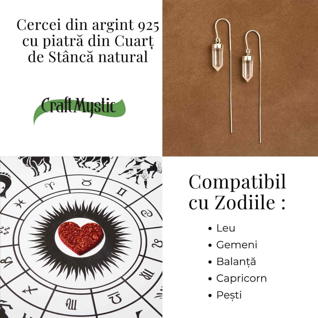 Claritate mentala si purificare – Cercei lungi din argint 925 cu Cuart de Stanca natural