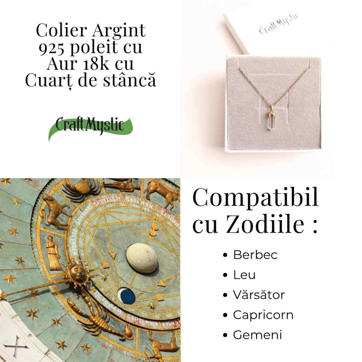 Claritate Mentala si Purificare – Colier din Argint 925 Placat cu Aur 18K cu Cuart de Stanca