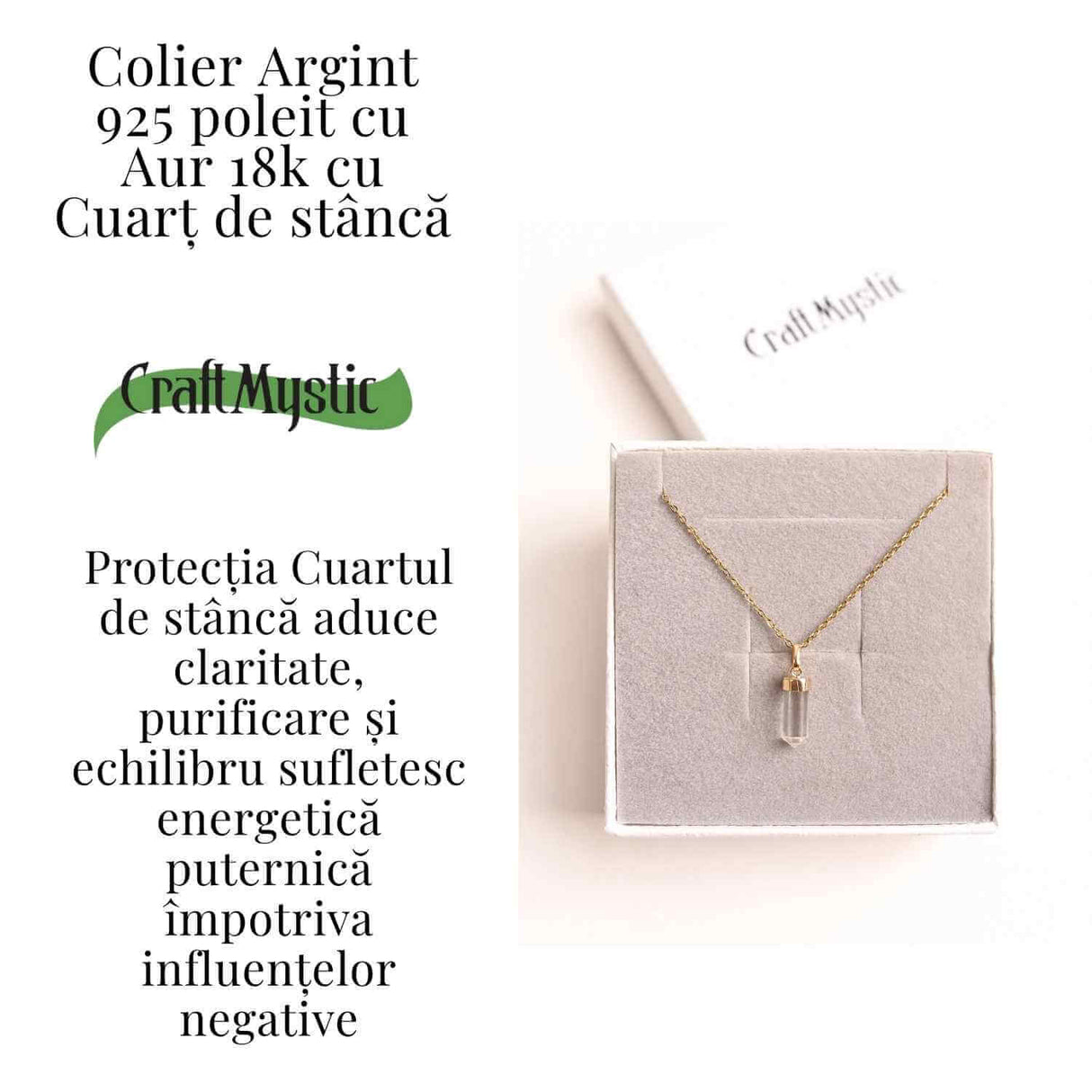 Claritate Mentala si Purificare – Colier din Argint 925 Placat cu Aur 18K cu Cuart de Stanca