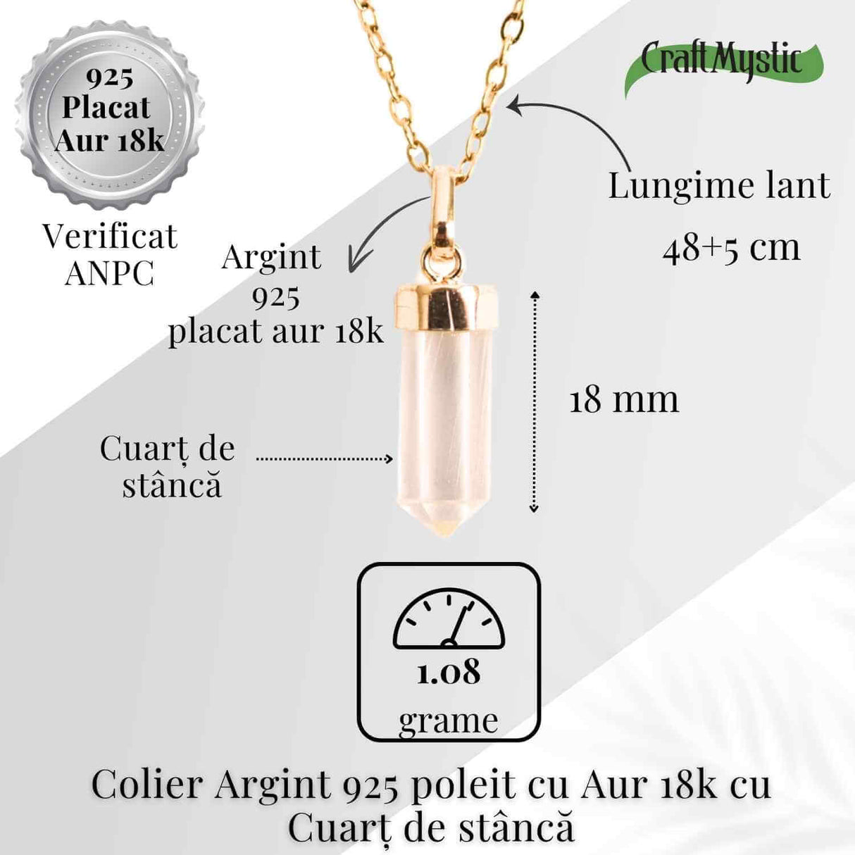 Claritate Mentala si Purificare – Colier din Argint 925 Placat cu Aur 18K cu Cuart de Stanca