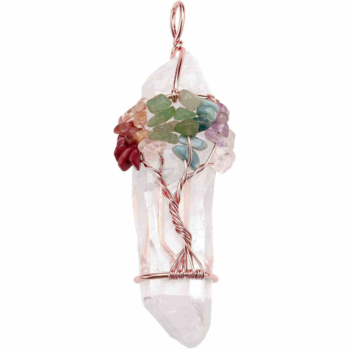 Colier 7 chakra cu Cristal de Stanca, infasurat intr-o sarma de cupru cu pietre semipretioase sparte, sub forma unui copac al vietii