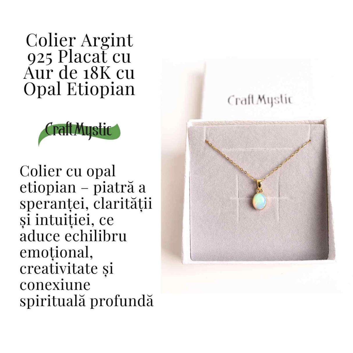 Colier cu lant inox si Opal Etiopian montura Argint 925 cu Aur 18K– Claritate si Intuitie