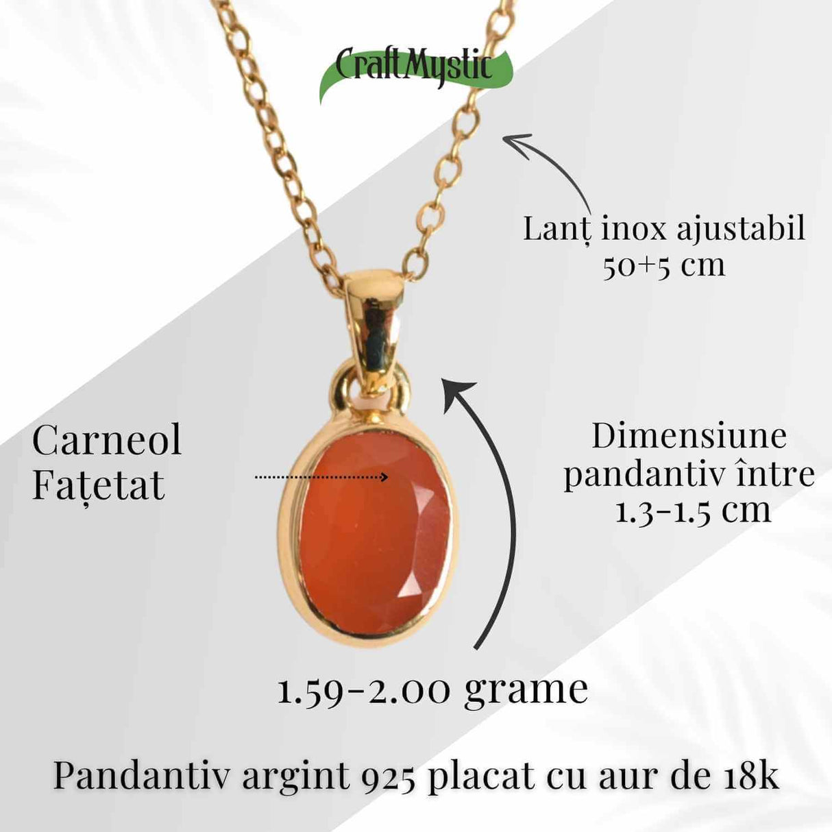 Colier cu lant inox cu Carneol Oval in montura Argint 925 Placat cu Aur 18K – Energie si Vitalitate Zilnica