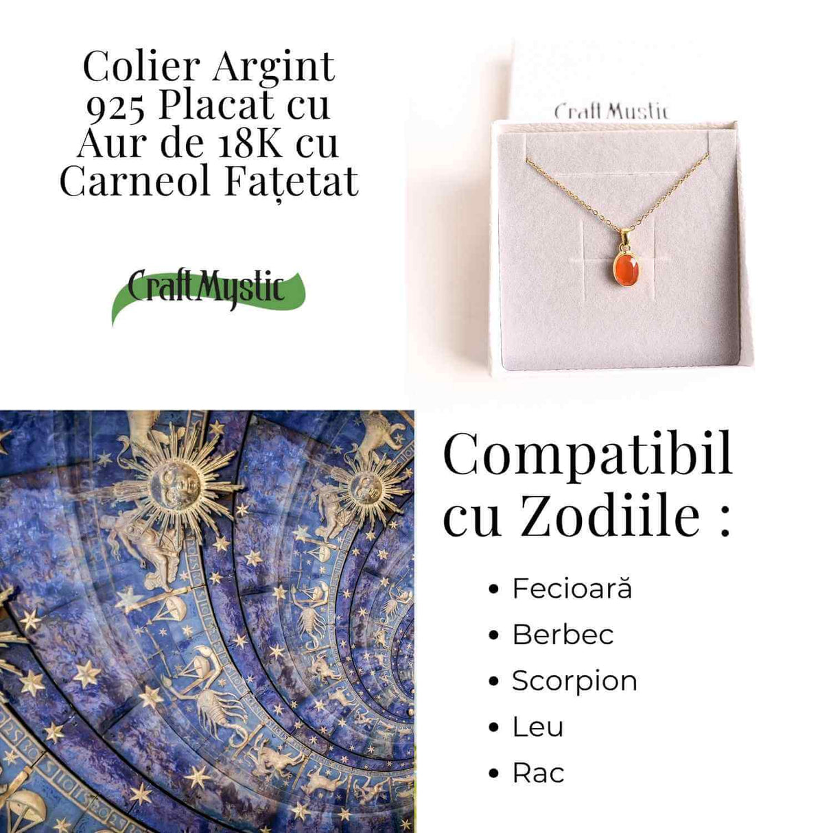 Colier cu lant inox cu Carneol Oval in montura Argint 925 Placat cu Aur 18K – Energie si Vitalitate Zilnica