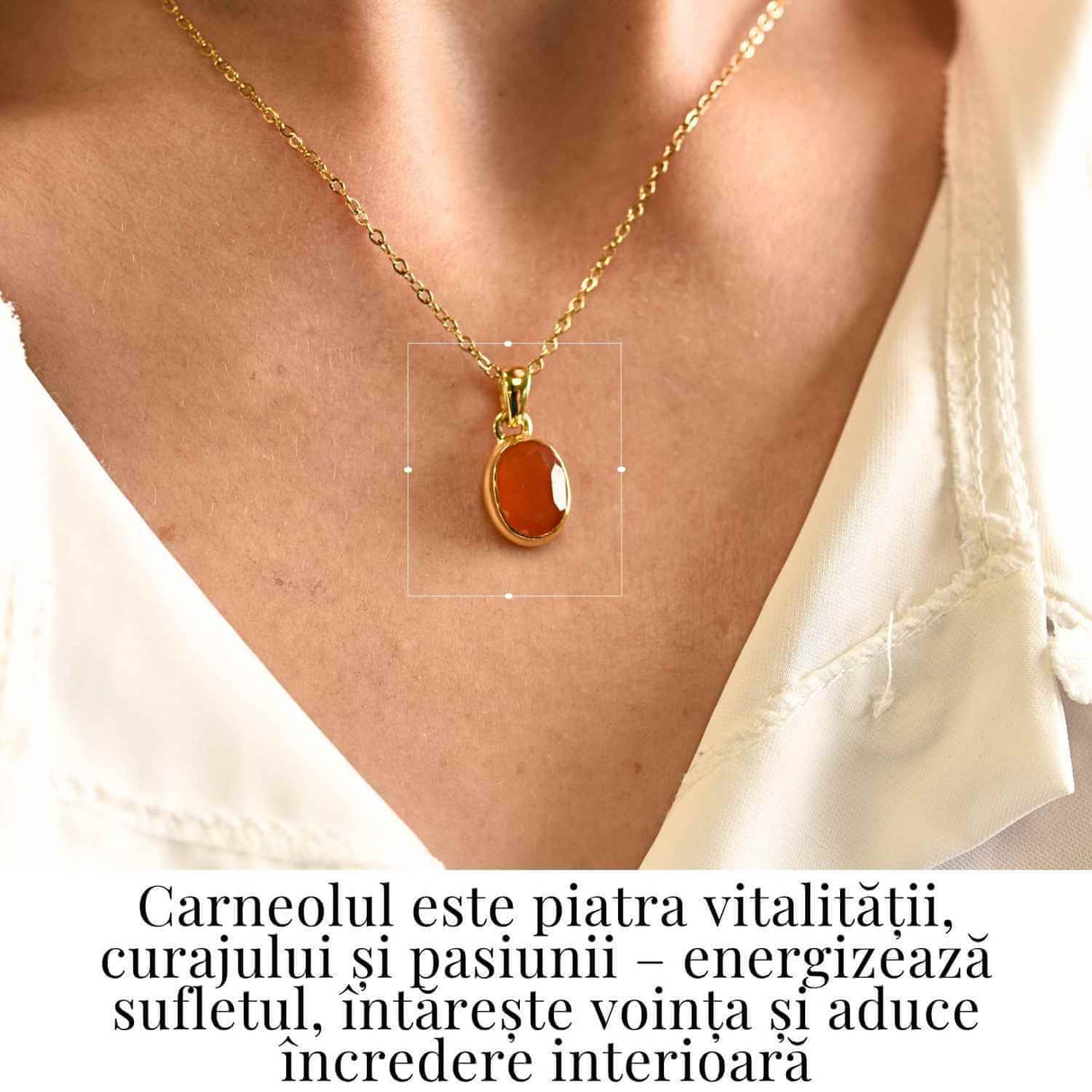 Colier cu lant inox cu Carneol Oval in montura Argint 925 Placat cu Aur 18K – Energie si Vitalitate Zilnica