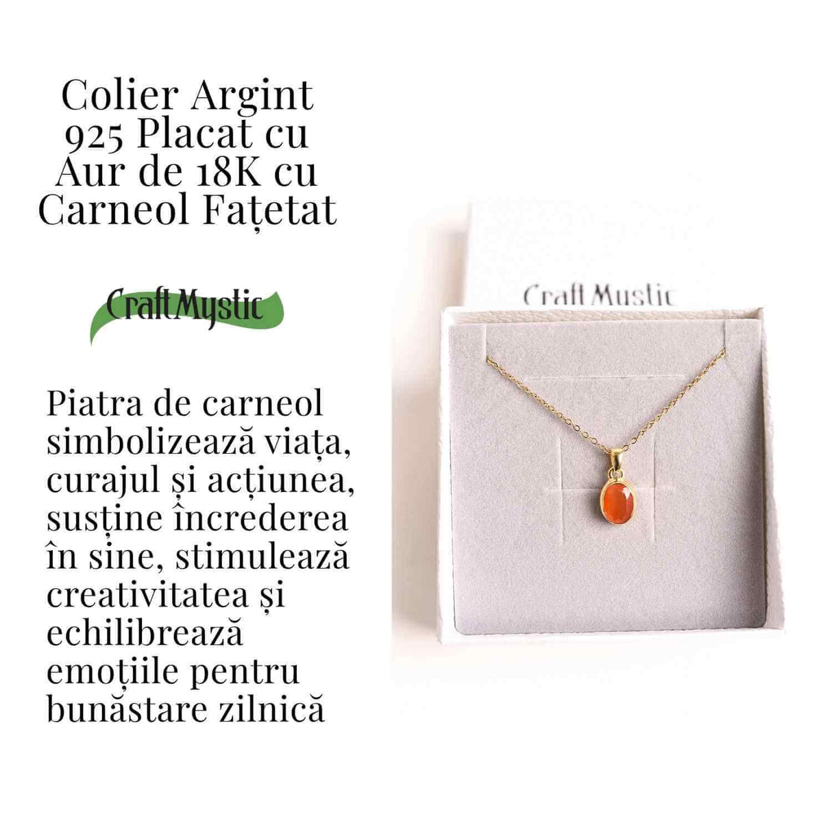 Colier cu lant inox cu Carneol Oval in montura Argint 925 Placat cu Aur 18K – Energie si Vitalitate Zilnica