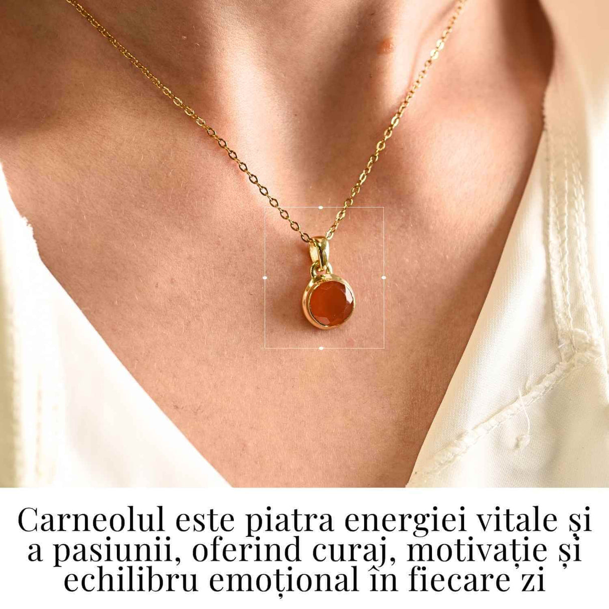 Colier cu lant inox cu Carneol Rotund in montura Argint 925 Placat cu Aur 18K – Energie si Curaj Zilnic