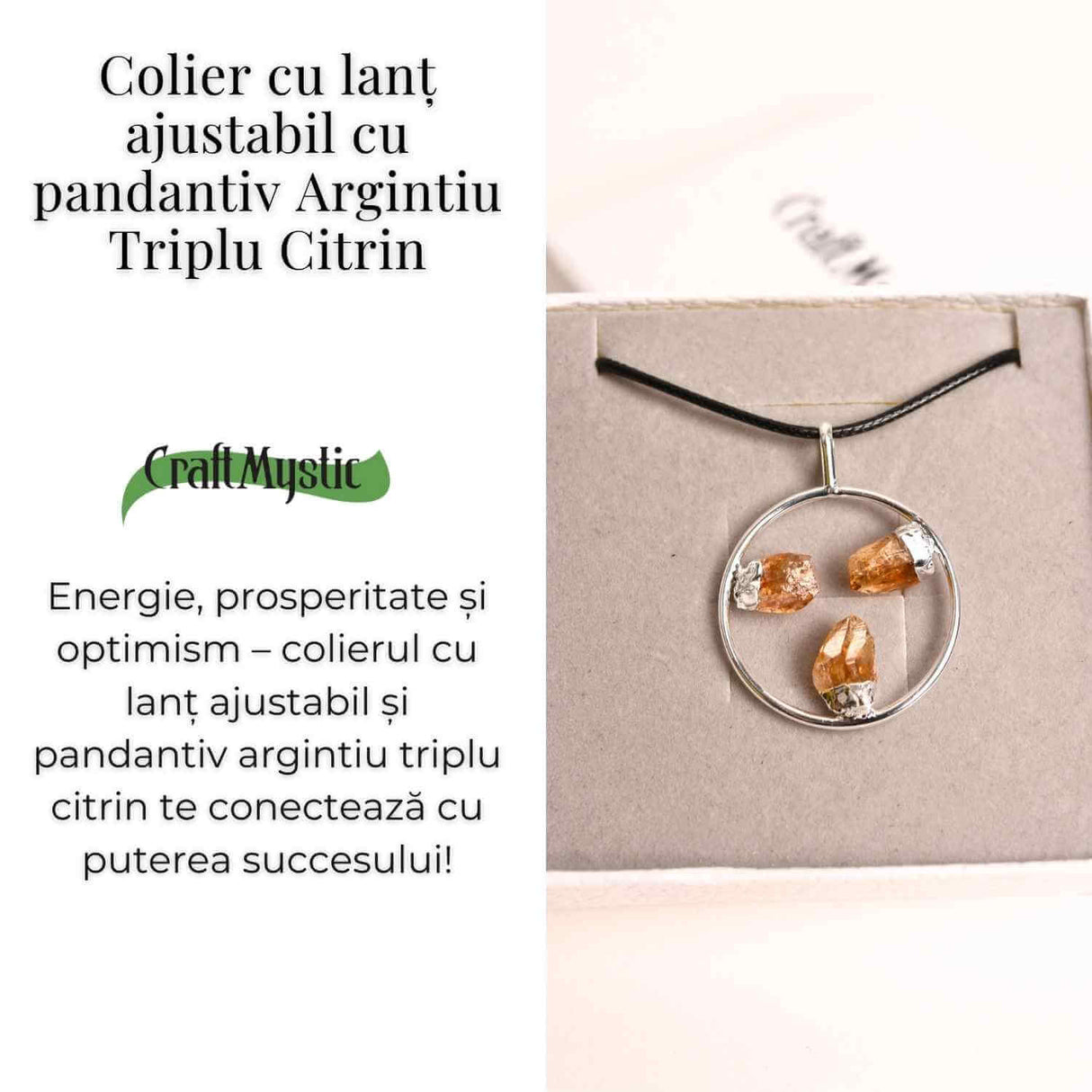 Colier cu pandantiv rotund si 3 pietre de Citrin – Abundenta si Energie Pozitiva