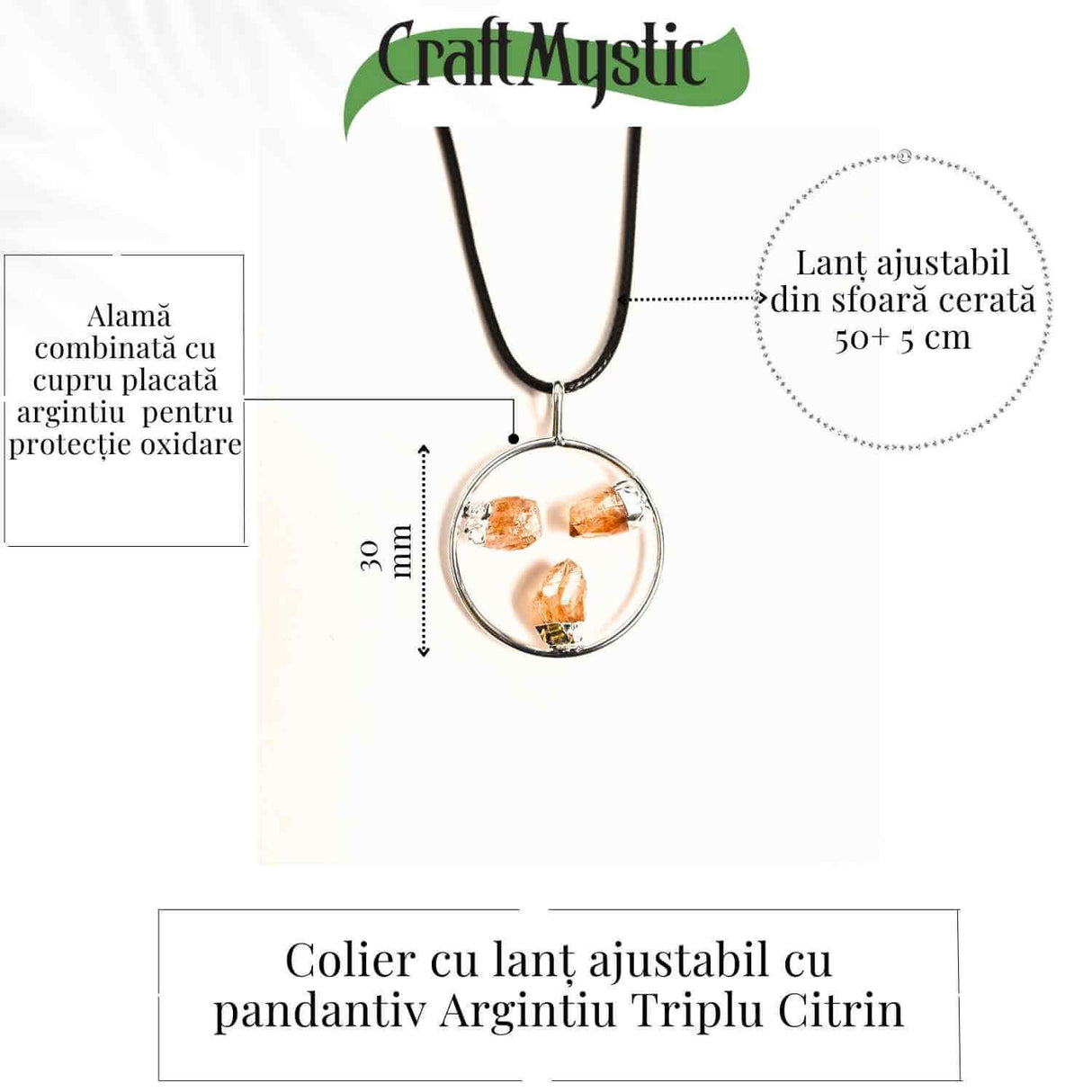 Colier cu pandantiv rotund si 3 pietre de Citrin – Abundenta si Energie Pozitiva