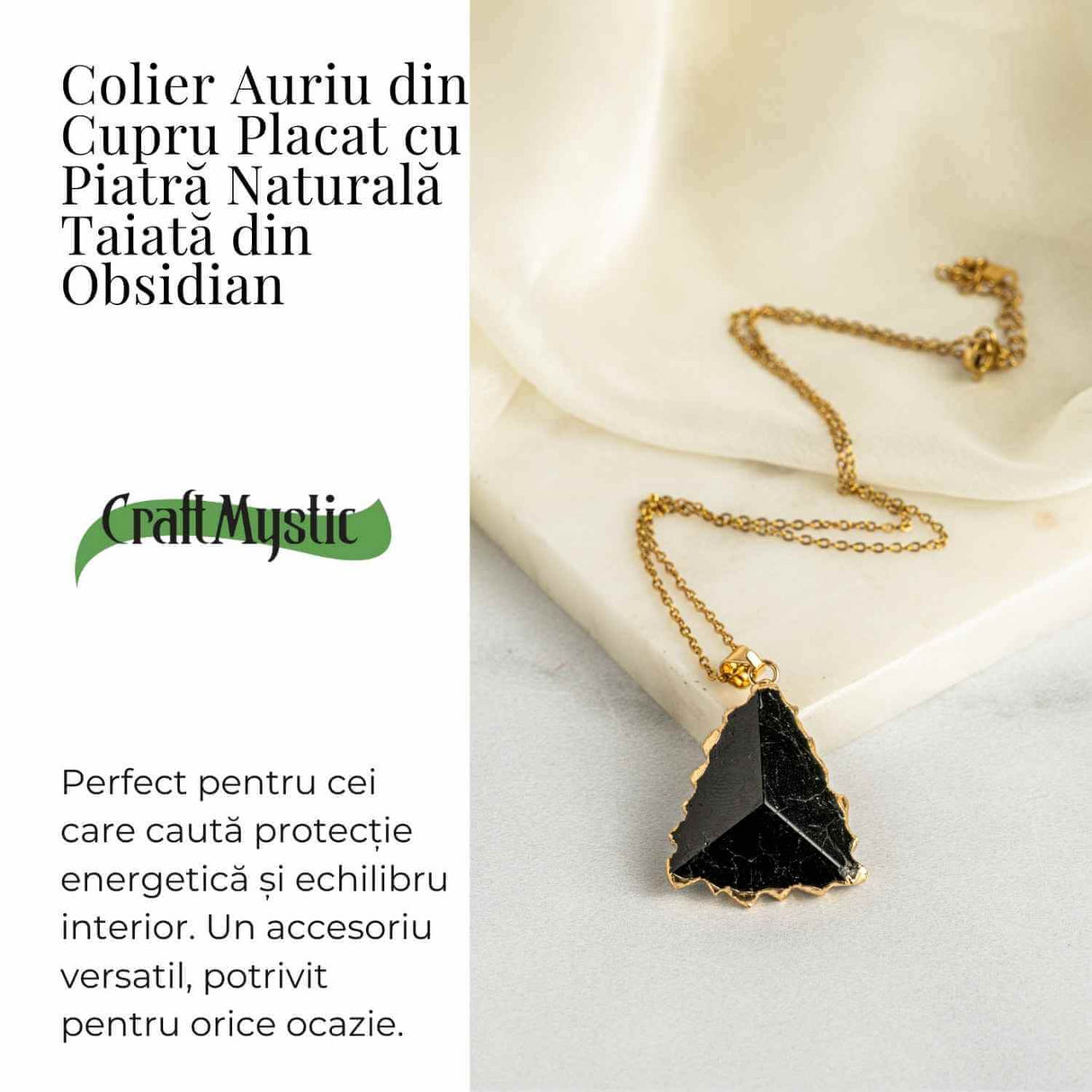 Colier Auriu din Cupru Placat cu Piatra Naturala Obsidian fatetata - Protectie si Echilibru