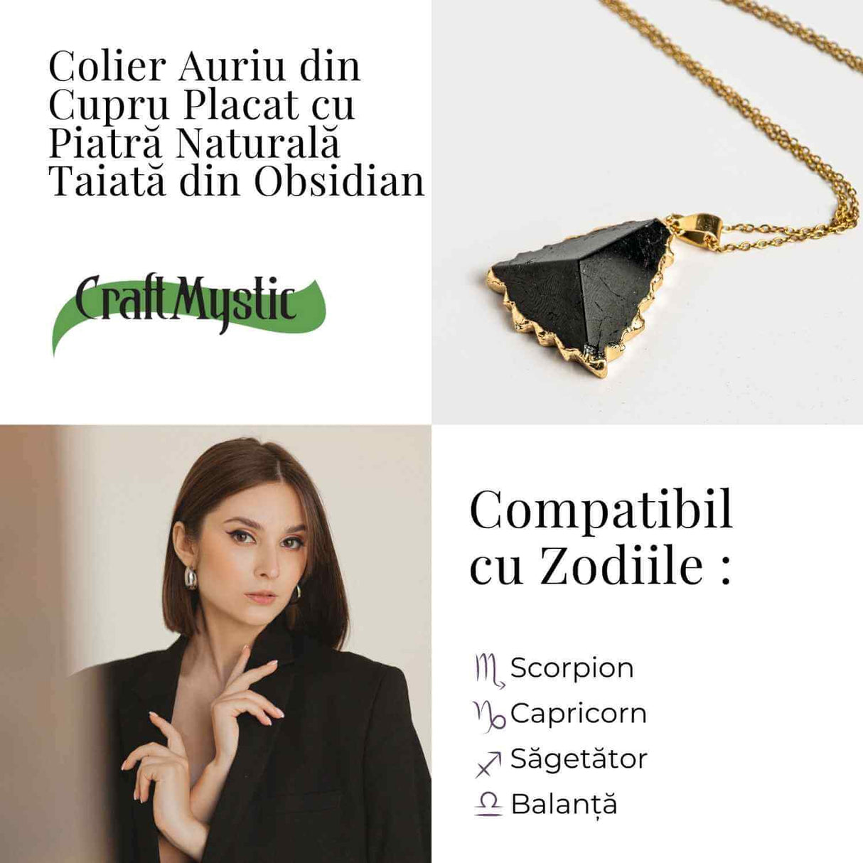 Colier Auriu din Cupru Placat cu Piatra Naturala Obsidian fatetata - Protectie si Echilibru
