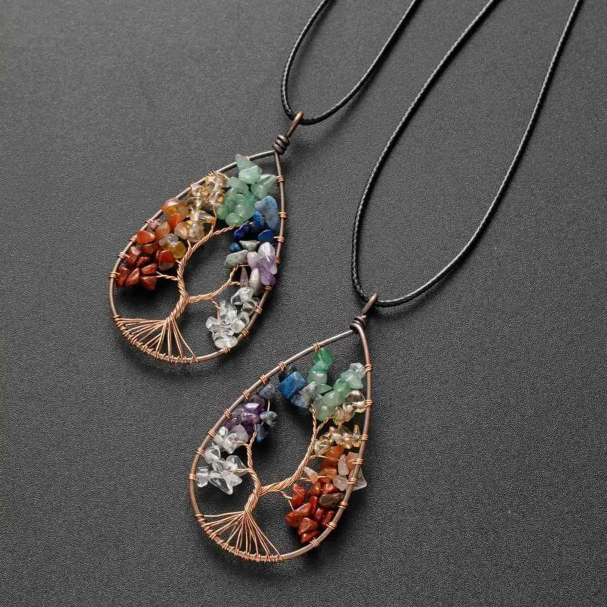 Colier Boho cu Pandantiv in Forma de Lacrima si Arbore al Vietii din Pietre Semipretioase pentru Echilibrarea celor 7 Chakre