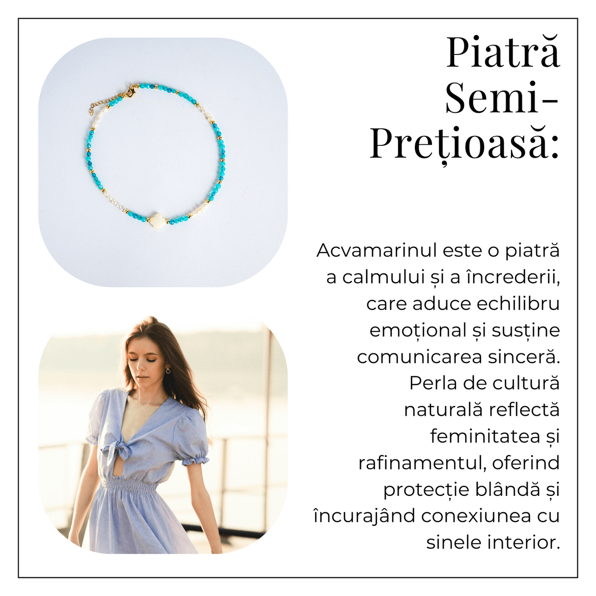 Colier tip choker cu pietre pentru pace interioara – Acvamarin, perle si simbol marin